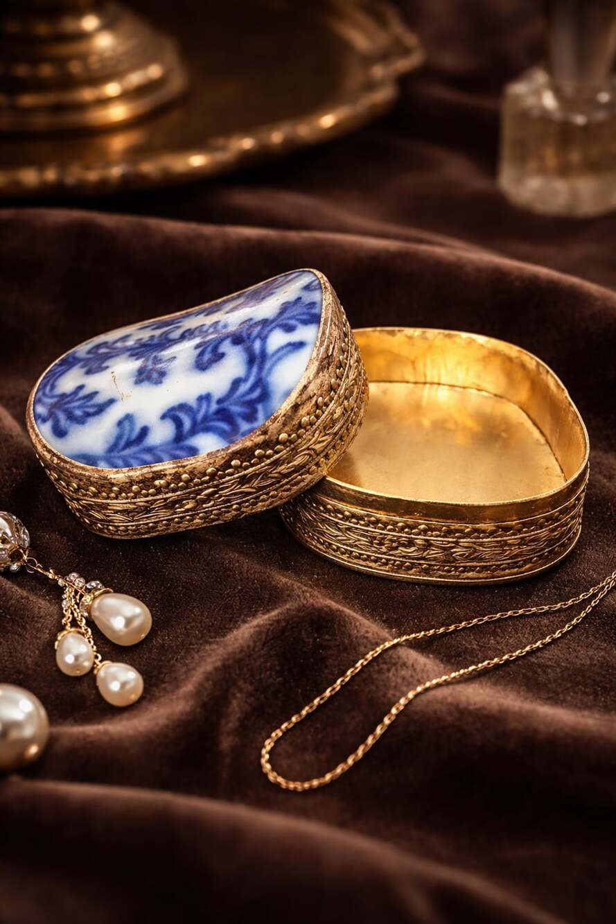 Vintage Blue and White Porcelain Shard and Metal Filigree Trinket Box